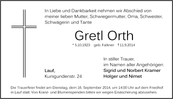 Traueranzeige von Gretl Orth von Pegnitz-Zeitung